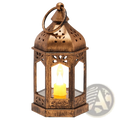 Antique bronze 5 inch led decorative candle lantern with intricate cut-out patterns and glowing led candle inside