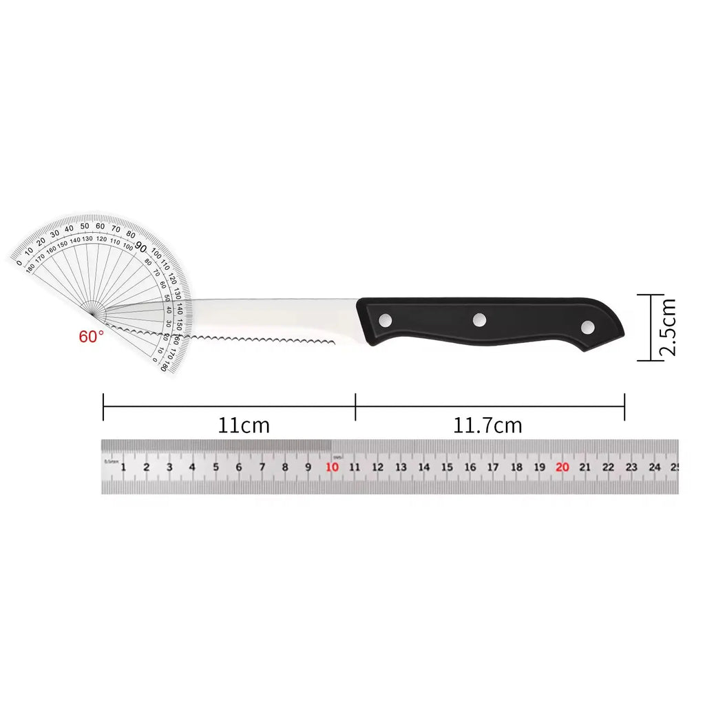 Black-handled serrated kitchen knife with transparent protractor attached blade from 12 piece carbon steel set with abs handles