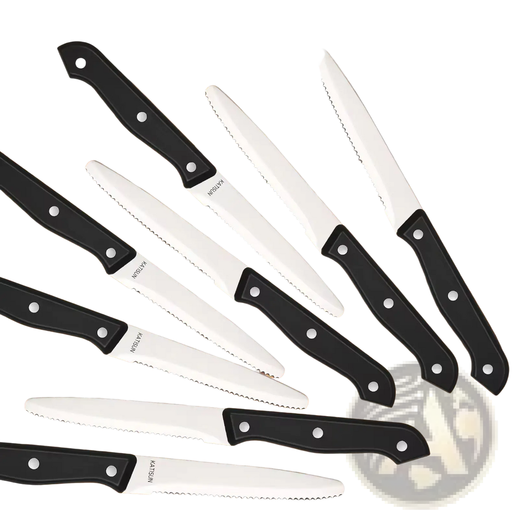 Set of eight black-handled katsun steak knives with stainless steel serrated blades from 12 piece carbon steel kitchen knife set
