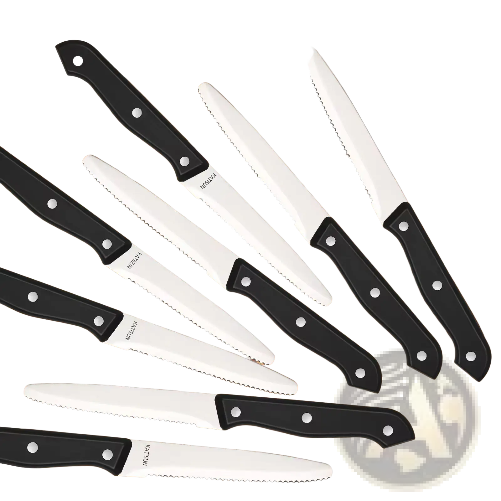 Set of eight black-handled katsun steak knives with stainless steel serrated blades from 12 piece carbon steel kitchen knife set