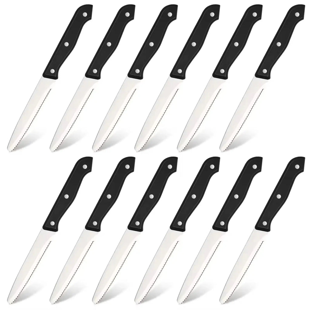 Set of ten black-handled steak knives with serrated carbon steel blades from a 12 piece kitchen knife set