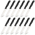 Set of ten black-handled steak knives with serrated carbon steel blades from a 12 piece kitchen knife set