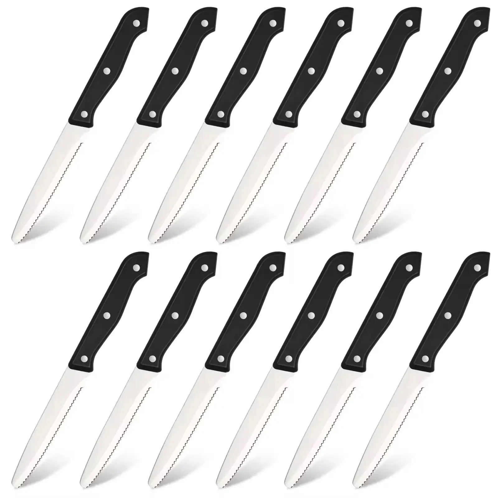 Set of ten black-handled steak knives with serrated carbon steel blades from a 12 piece kitchen knife set