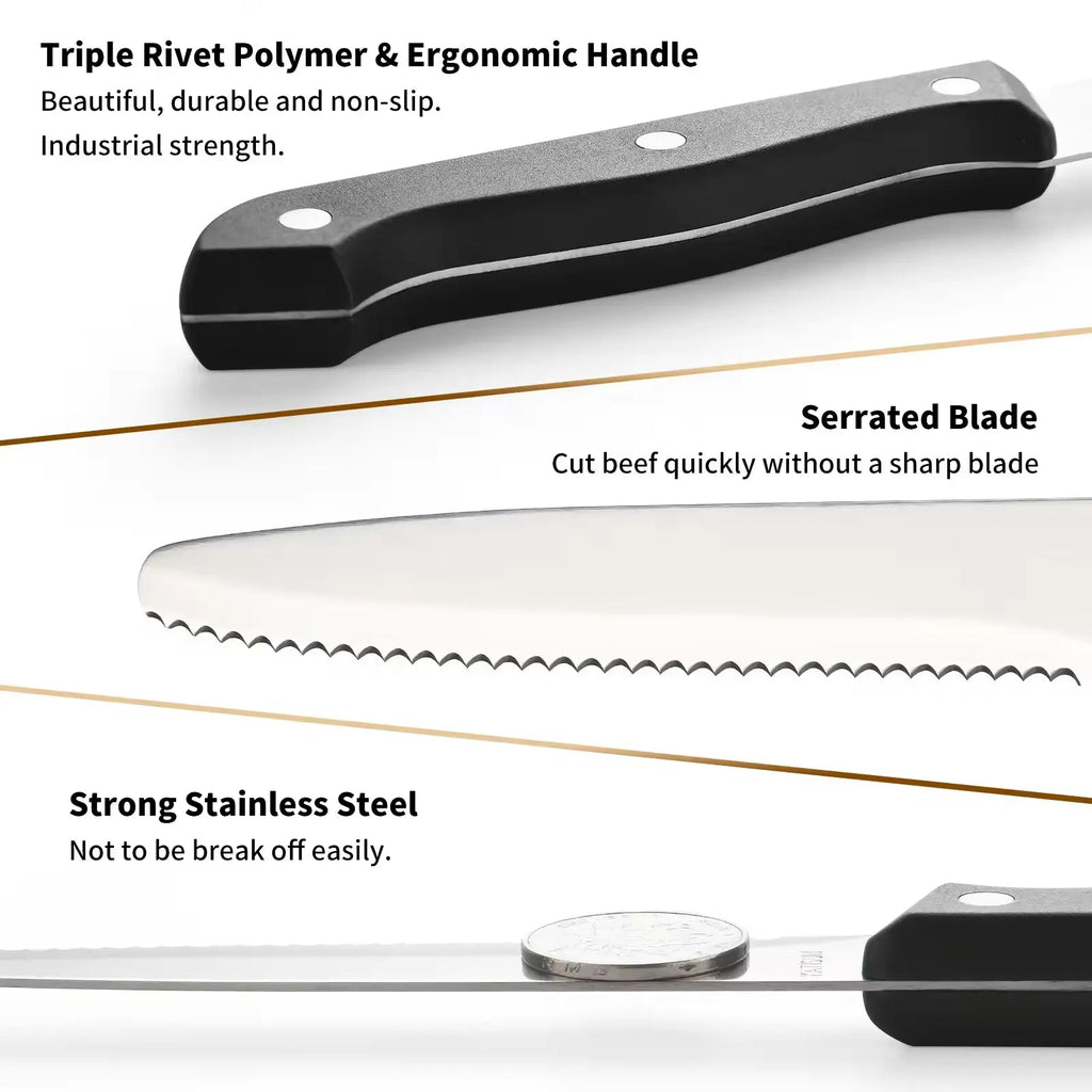 Black triple rivet polymer handle kitchen knife with serrated stainless steel blade from 12 piece carbon steel set