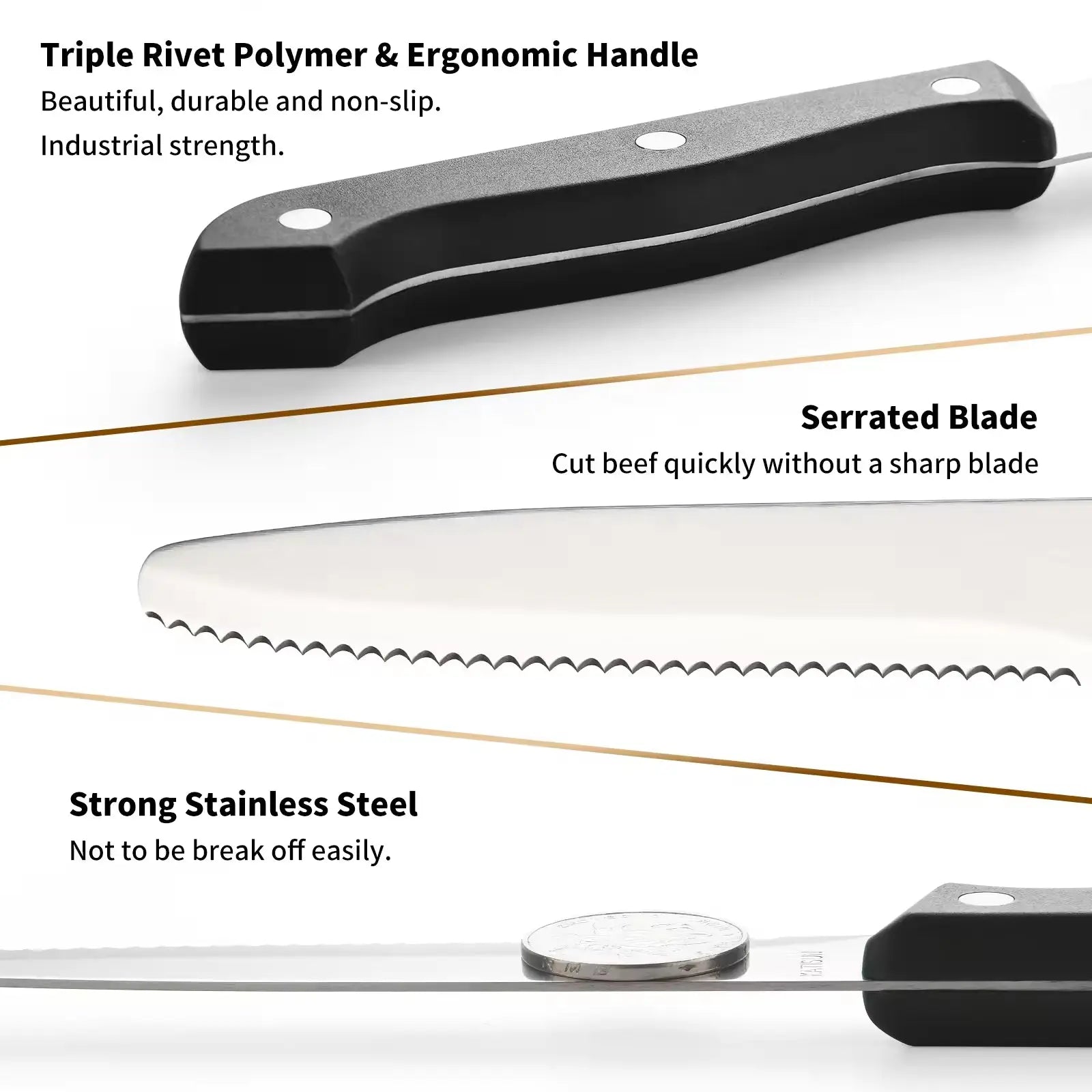 Black triple rivet polymer handle kitchen knife with serrated stainless steel blade from 12 piece carbon steel set