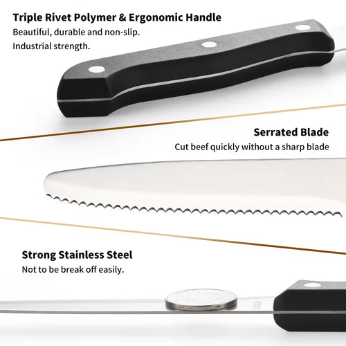 Black triple rivet polymer handle kitchen knife with serrated stainless steel blade from 12 piece carbon steel set