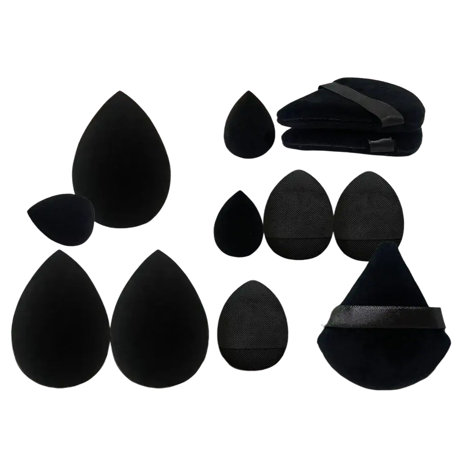 12-piece makeup sponge and blender set featuring black teardrop-shaped sponges with textured surfaces and satin straps