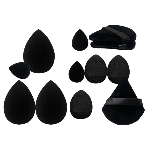 12-piece makeup sponge and blender set featuring black teardrop-shaped sponges with textured surfaces and satin straps