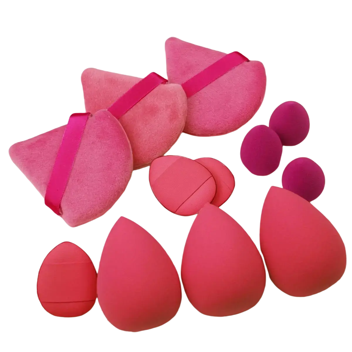 12-piece makeup sponge and blender set of pink and magenta silicone sponges in teardrop oval and half-moon shapes
