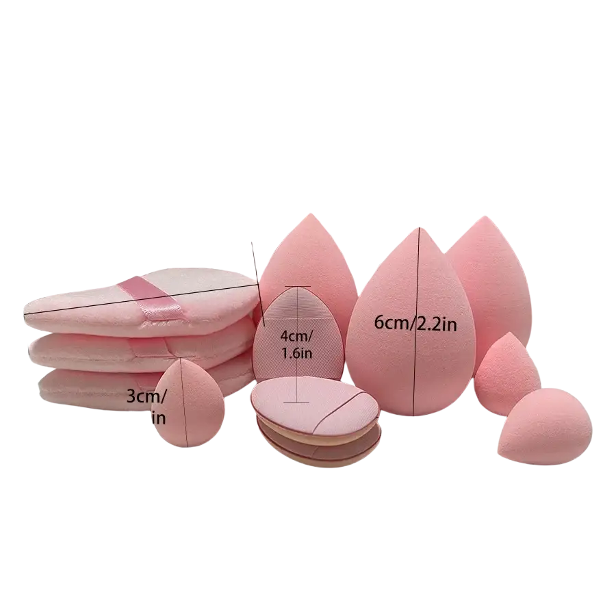 Set of 12 pink teardrop-shaped makeup sponges in soft foam with satin ribbon accents for blending and applying makeup