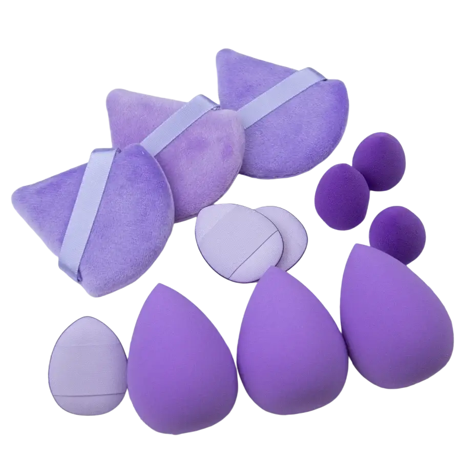 Set of 12 purple silicone and velvet makeup sponges in various shapes for blending and applying makeup