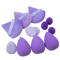 Set of 12 purple silicone and velvet makeup sponges in various shapes for blending and applying makeup