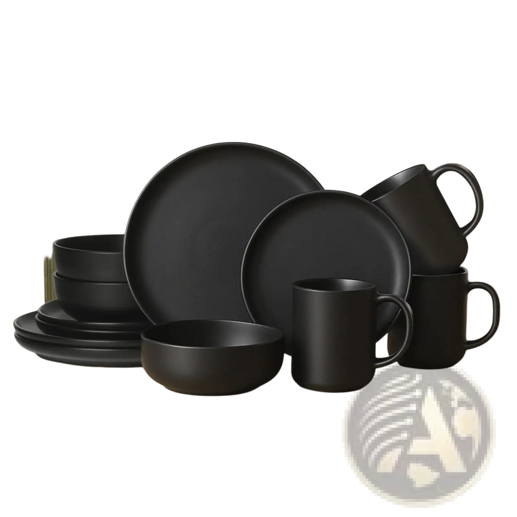 Black matte ceramic 12-piece stoneware dinnerware set with minimalist design for three people