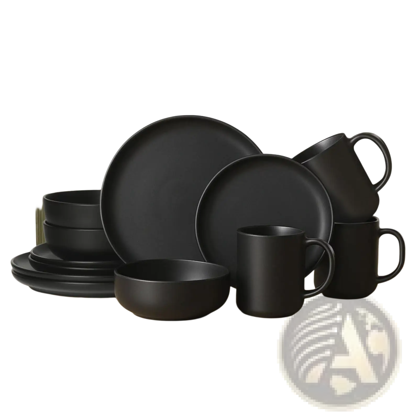Black matte ceramic 12-piece stoneware dinnerware set with minimalist design for three people