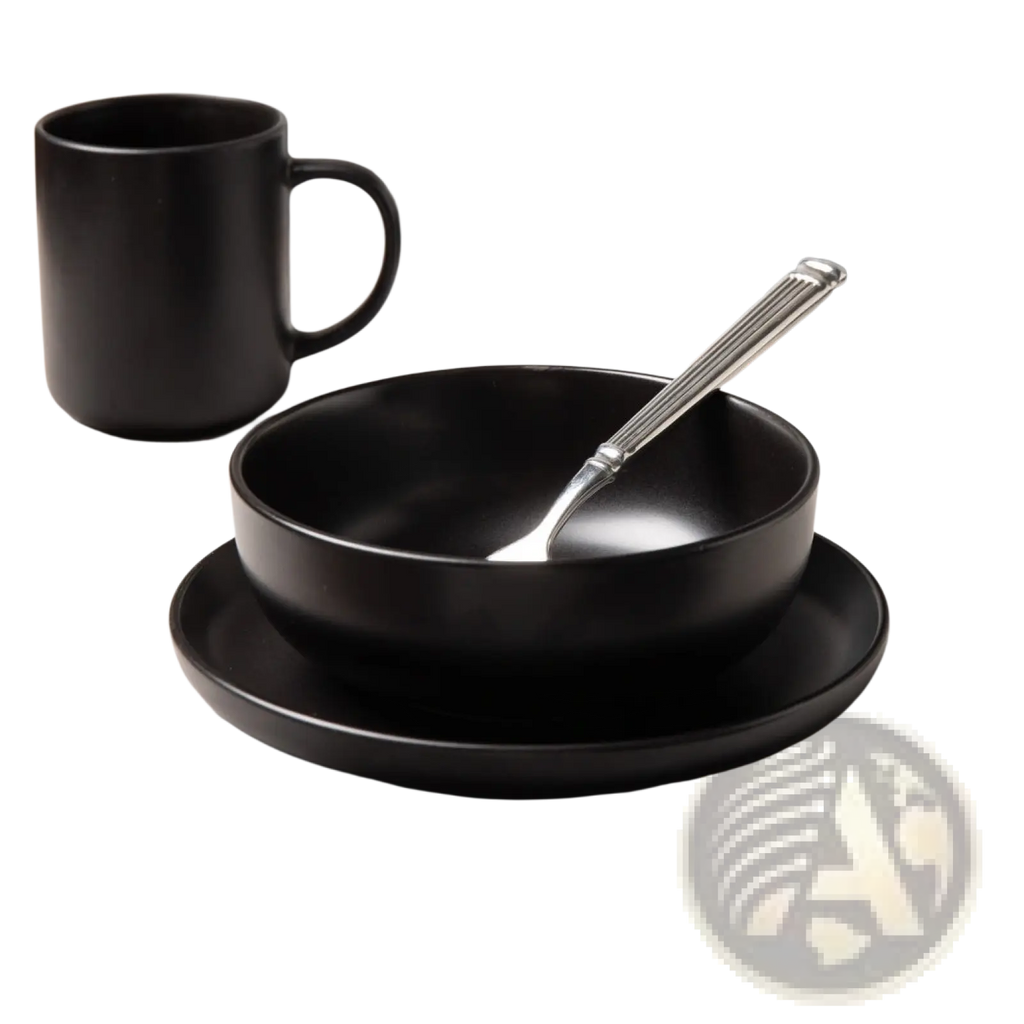 Black ceramic bowl with a silver spoon inside from a 12-piece matte black stoneware dinnerware set for 3