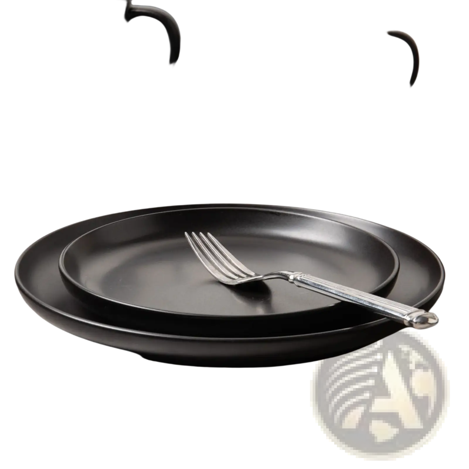12-piece matte black stoneware dinnerware set for 3 with black matte ceramic plates and a silver fork resting on them