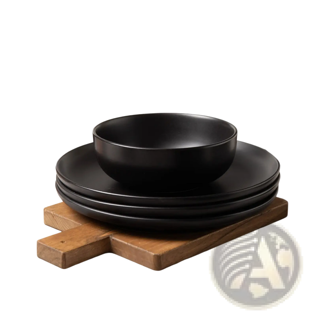 12-piece matte black ceramic stoneware dinnerware set with modern minimalist design for three people