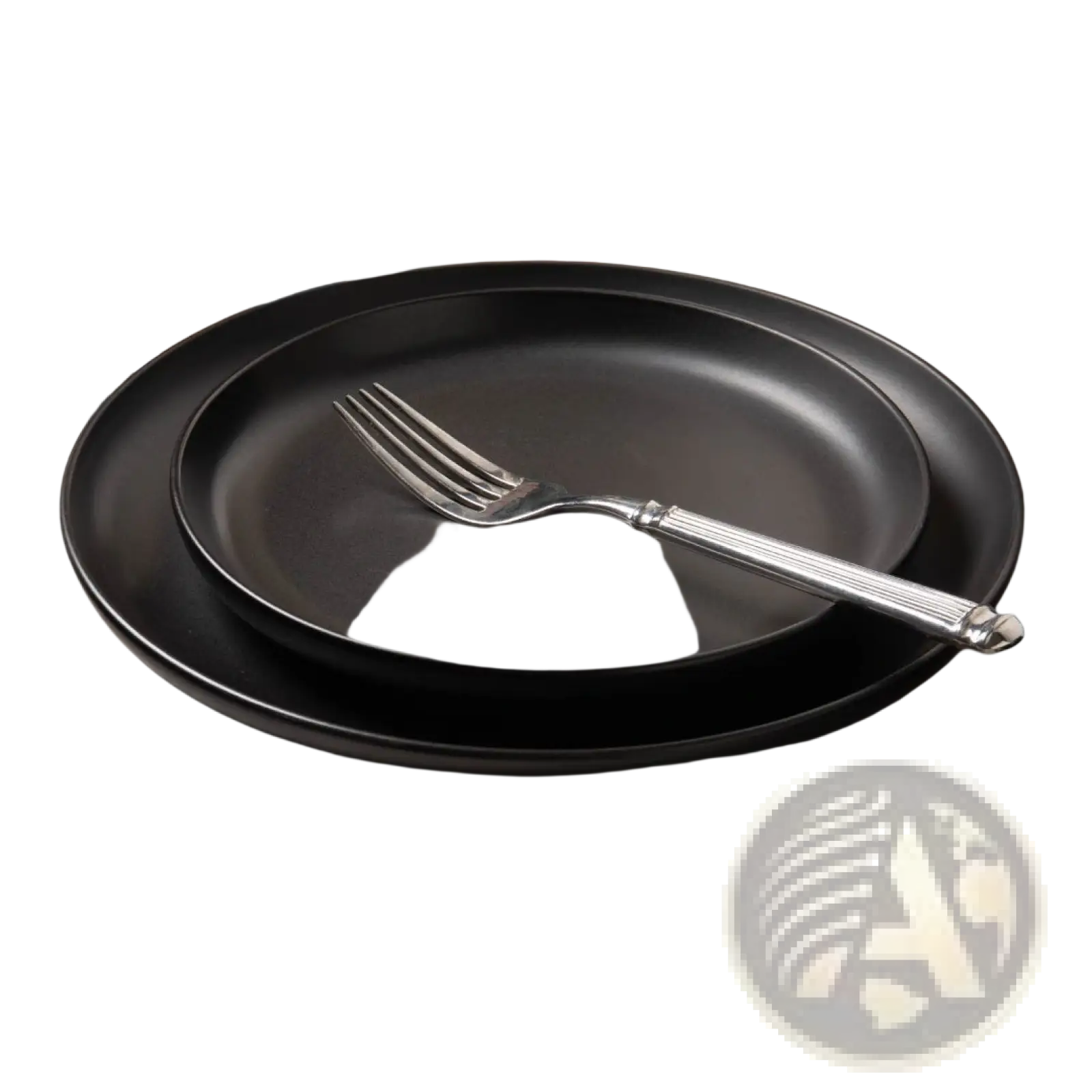 Black matte ceramic 12-piece dinnerware set with silver fork for three people in stoneware material