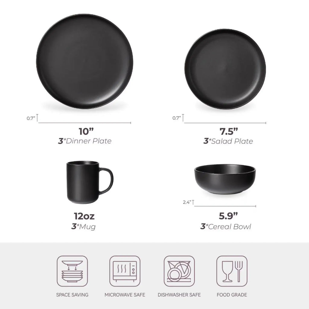 Black matte-finish ceramic dinner plate 10 inches in diameter from 12-piece matte black stoneware dinnerware set for 3