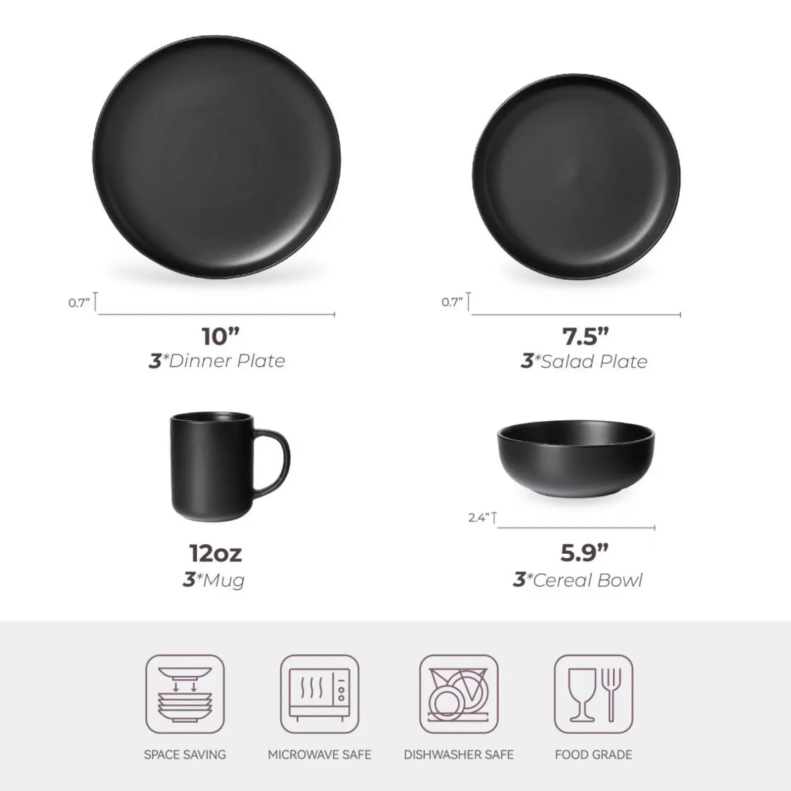 Black matte-finish ceramic dinner plate 10 inches in diameter from 12-piece matte black stoneware dinnerware set for 3