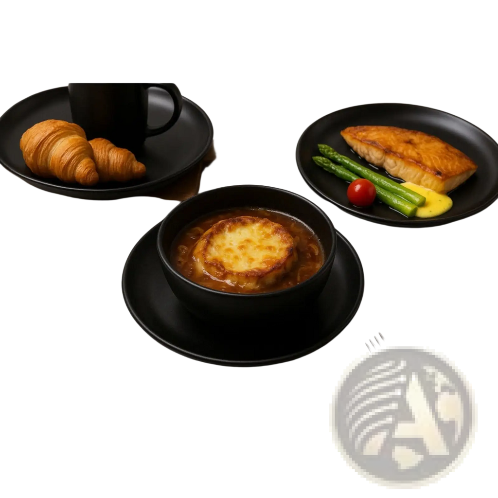 Black ceramic bowl from a 12-piece matte black stoneware dinnerware set filled with creamy french onion soup topped with cheese crust