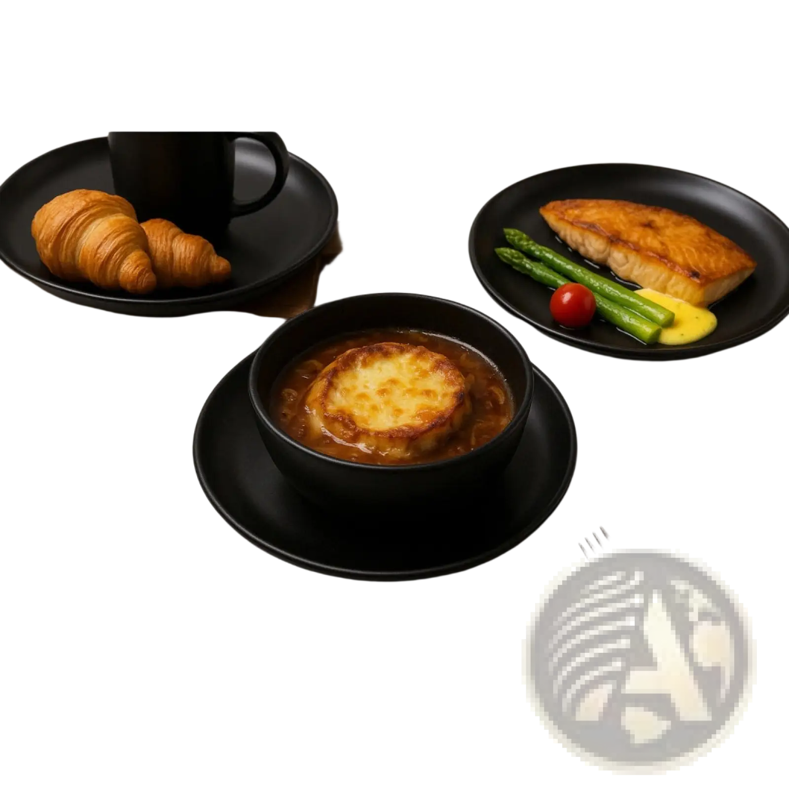 Black ceramic bowl from a 12-piece matte black stoneware dinnerware set filled with creamy french onion soup topped with cheese crust