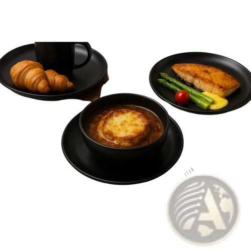 Black ceramic bowl from a 12-piece matte black stoneware dinnerware set filled with creamy french onion soup topped with cheese crust