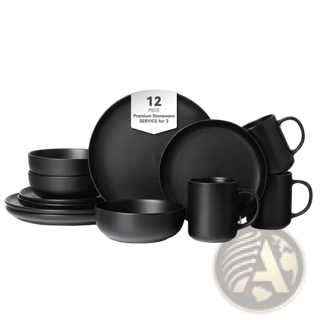 Black matte-finish stoneware dinnerware set for three includes plates bowls and mugs in a 12-piece collection
