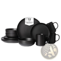 Black matte-finish stoneware dinnerware set for three includes plates bowls and mugs in a 12-piece collection
