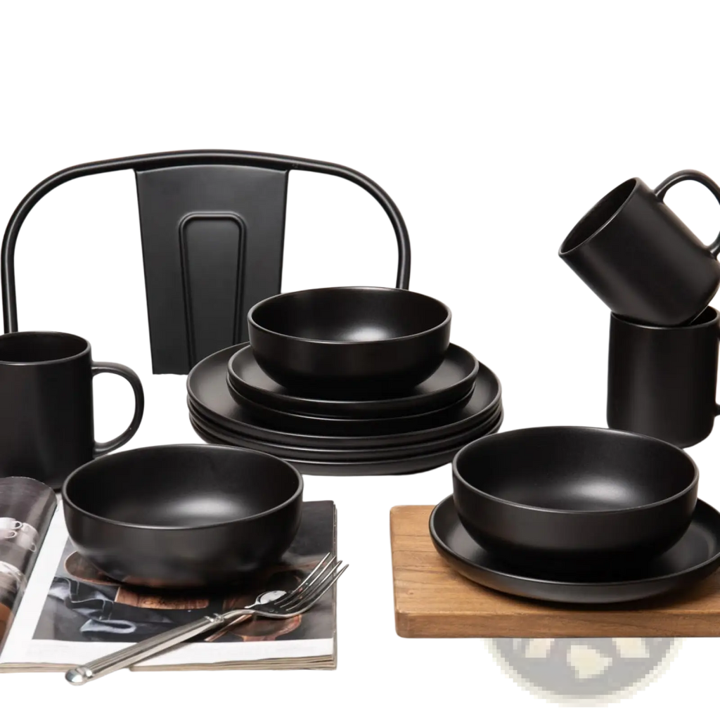 12-piece matte black stoneware dinnerware set with minimalist design for three, featuring black matte ceramic material