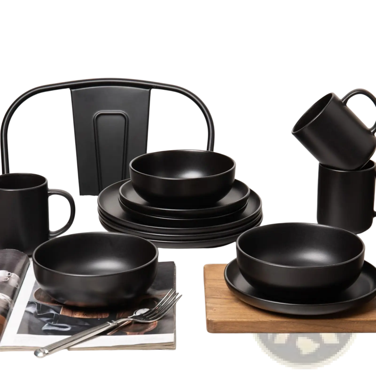 12-piece matte black stoneware dinnerware set with minimalist design for three, featuring black matte ceramic material