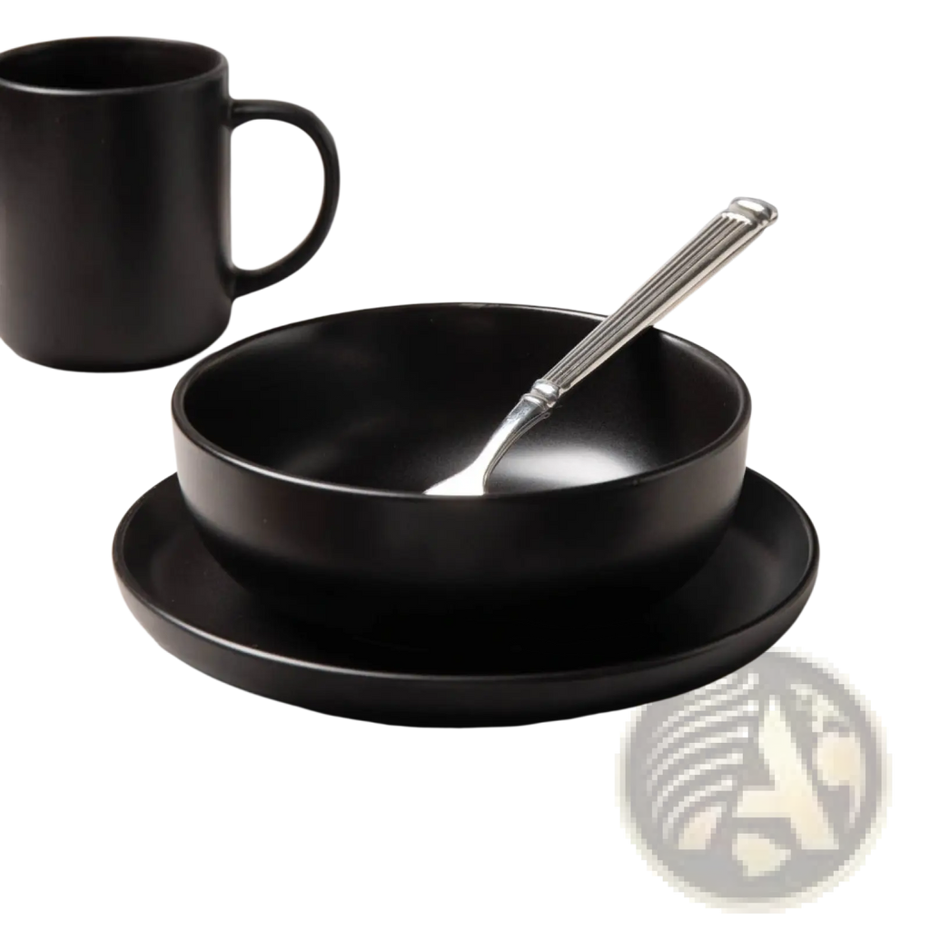 Black ceramic bowl with smooth matte finish and matching saucer from 12-piece matte black stoneware dinnerware set for 3