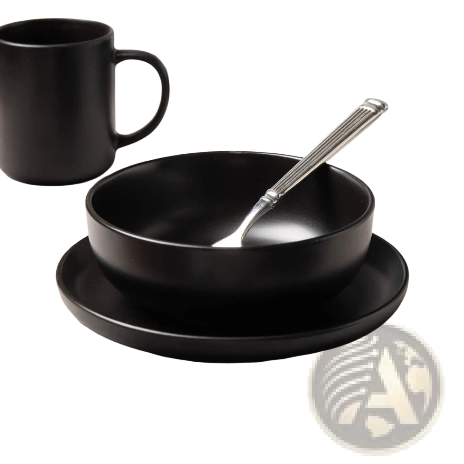 Black ceramic bowl with smooth matte finish and matching saucer from 12-piece matte black stoneware dinnerware set for 3
