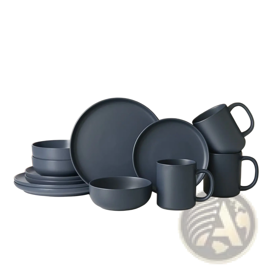 Dark gray matte ceramic 12-piece stoneware dinnerware set with matte glaze for service of 3 people