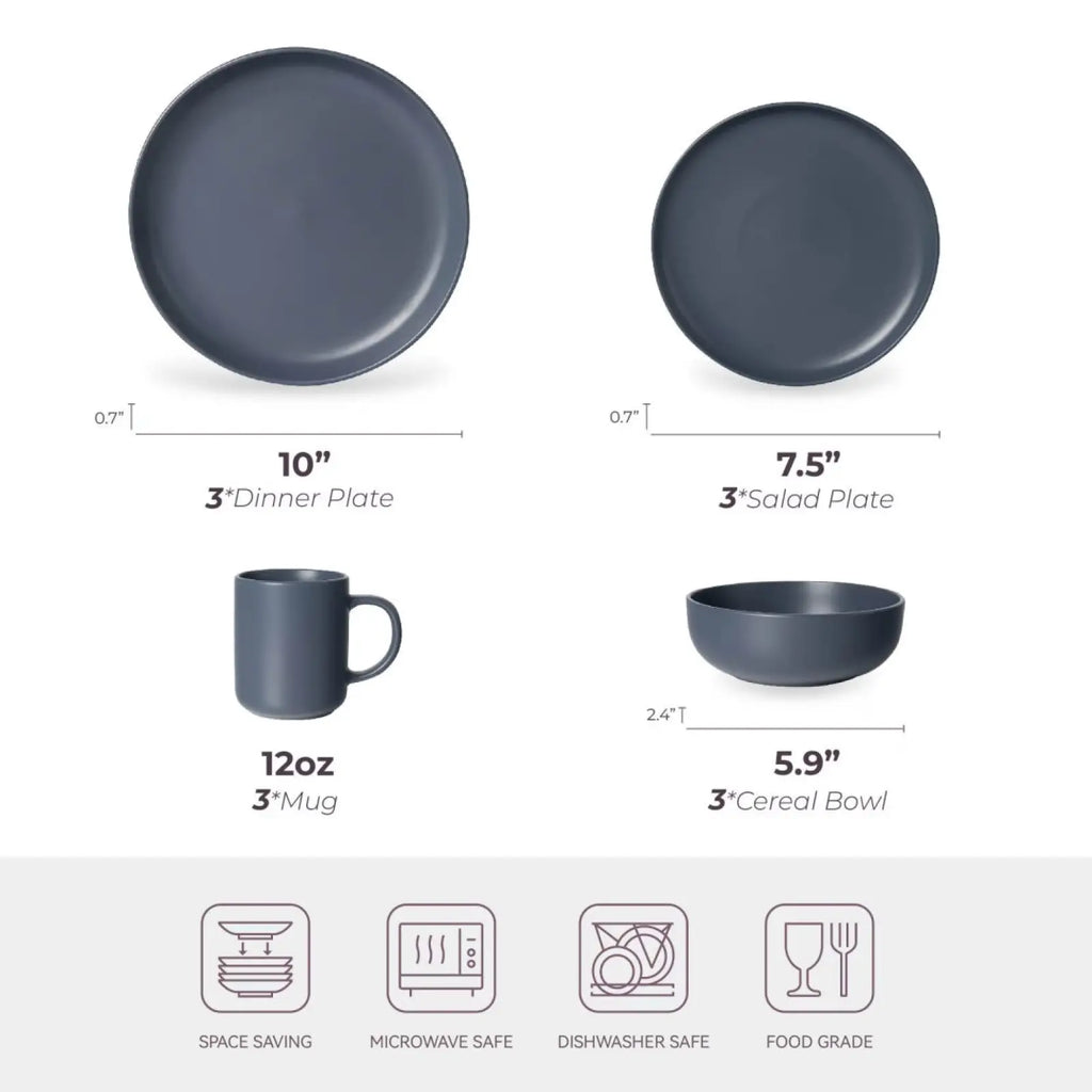 Set of matte dark gray ceramic stoneware dinnerware including plate mug salad plate and cereal bowl for three users
