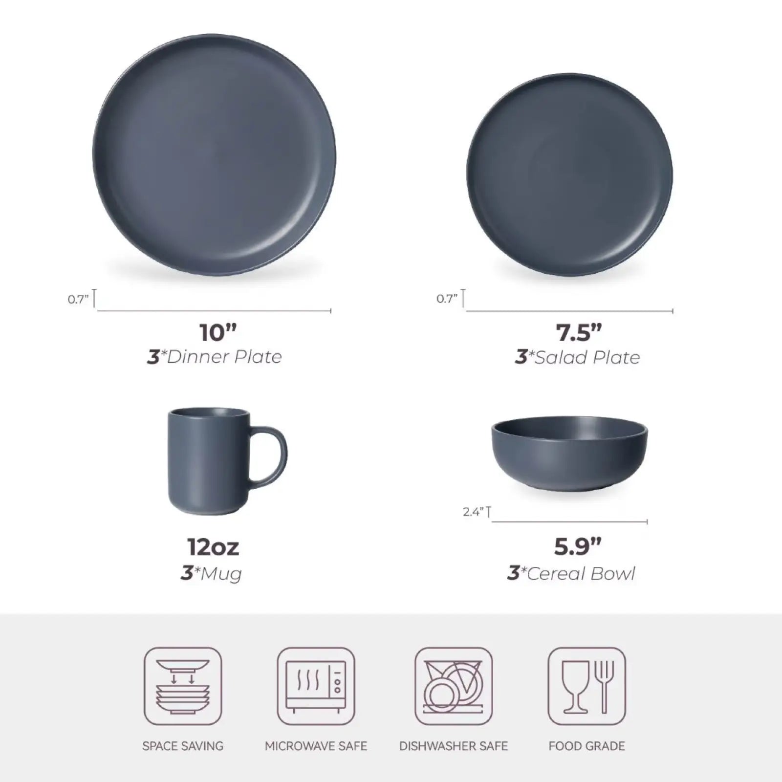 Set of matte dark gray ceramic stoneware dinnerware including plate mug salad plate and cereal bowl for three users