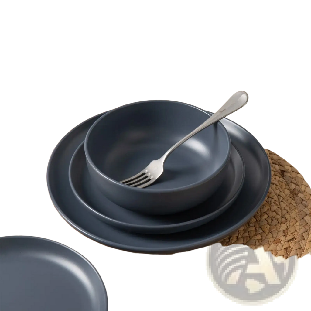 Dark gray ceramic 12-piece stoneware dinnerware set with matte glaze featuring stacked plates and bowls for three people