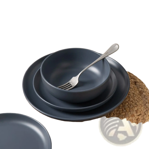 Dark gray ceramic 12-piece stoneware dinnerware set with matte glaze featuring stacked plates and bowls for three people