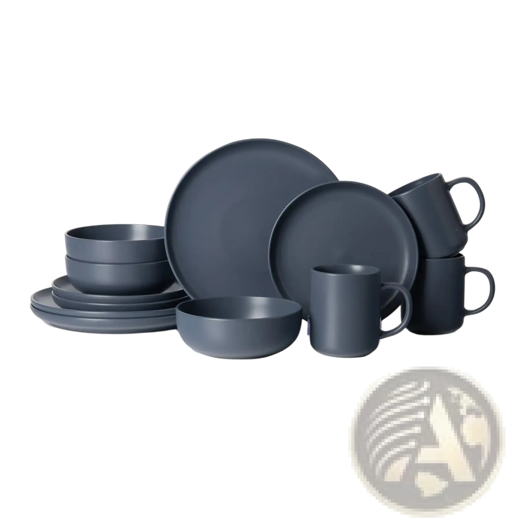 Matte dark gray ceramic 12-piece stoneware dinnerware set with minimalist design for service for three