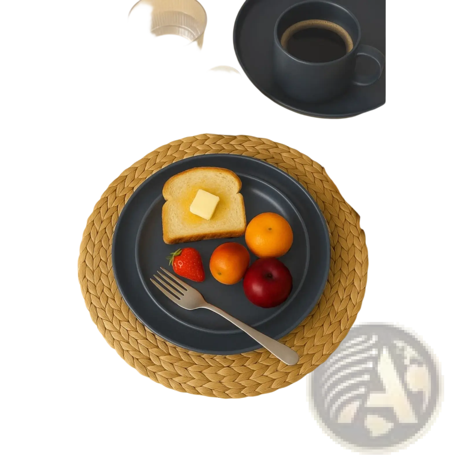 Dark blue ceramic plate from a 12-piece stoneware dinnerware set with matte glaze displaying toast with butter and fresh fruit