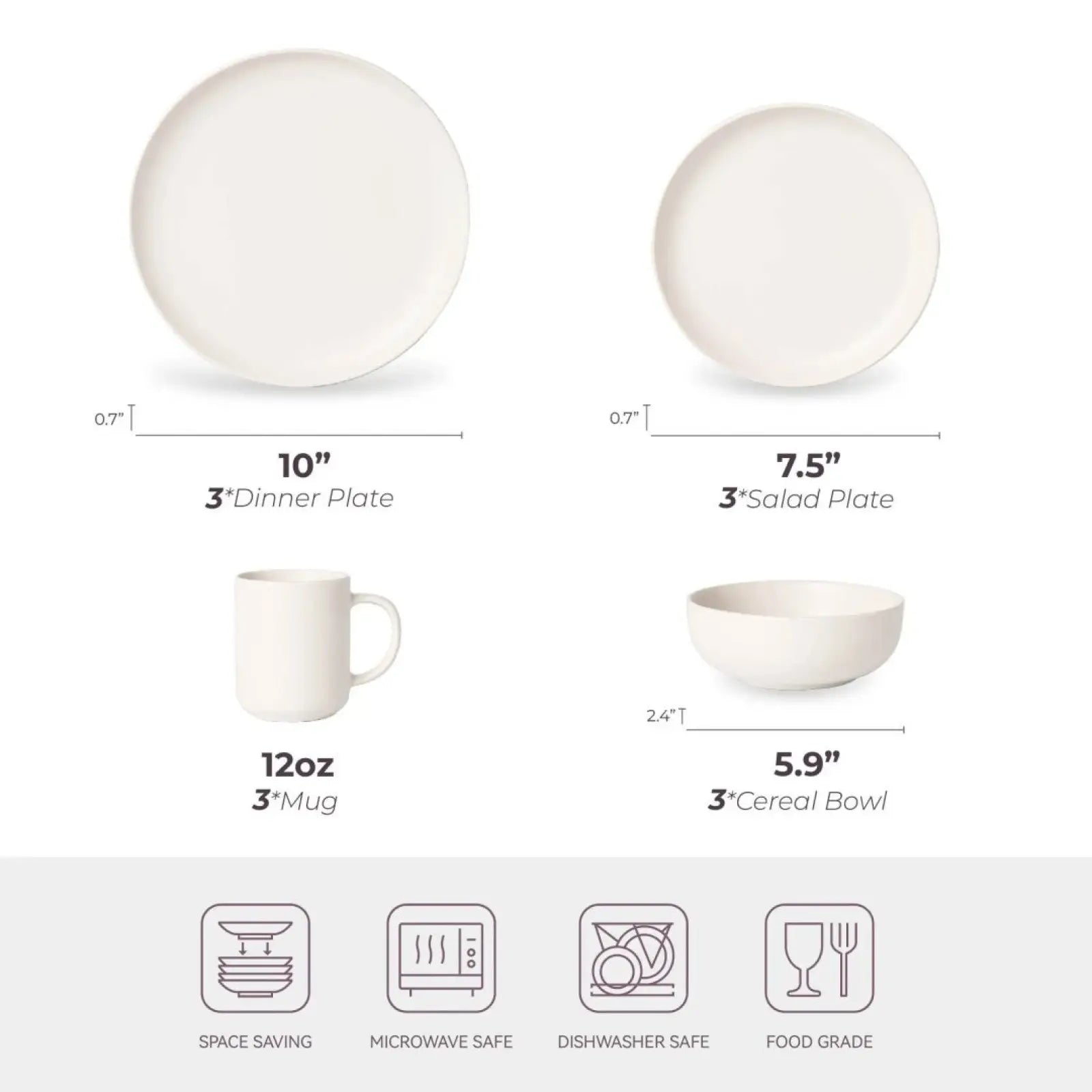 White ceramic dinner plate 10 inches in diameter from 12 piece stoneware dinnerware set with mugs for 3