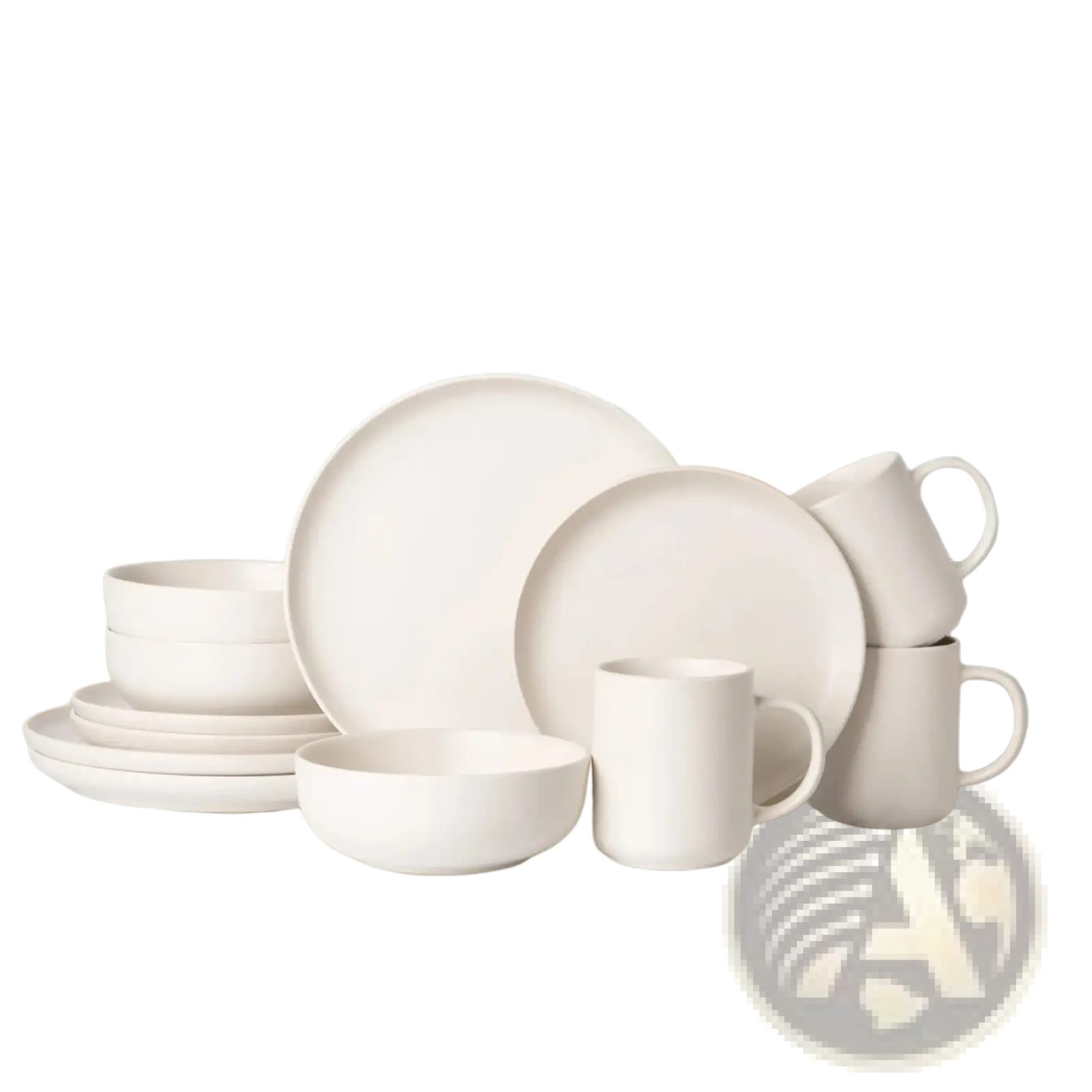 Minimalist white ceramic 12 piece stoneware dinnerware set with mugs featuring smooth matte finish and rounded edges for three