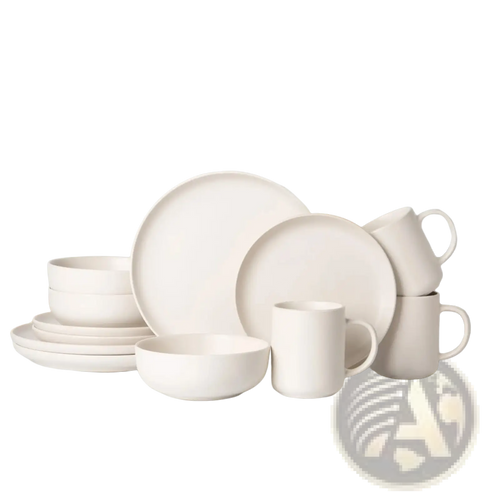 Minimalist white ceramic 12 piece stoneware dinnerware set with mugs featuring smooth matte finish and rounded edges for three