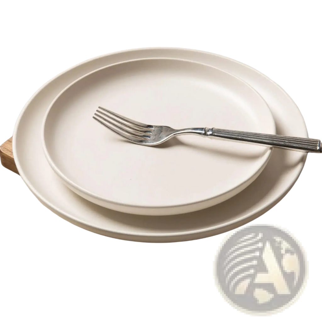 Cream-colored ceramic dinner plates with a smooth matte finish and subtle rim detail from a 12 piece stoneware set with mugs