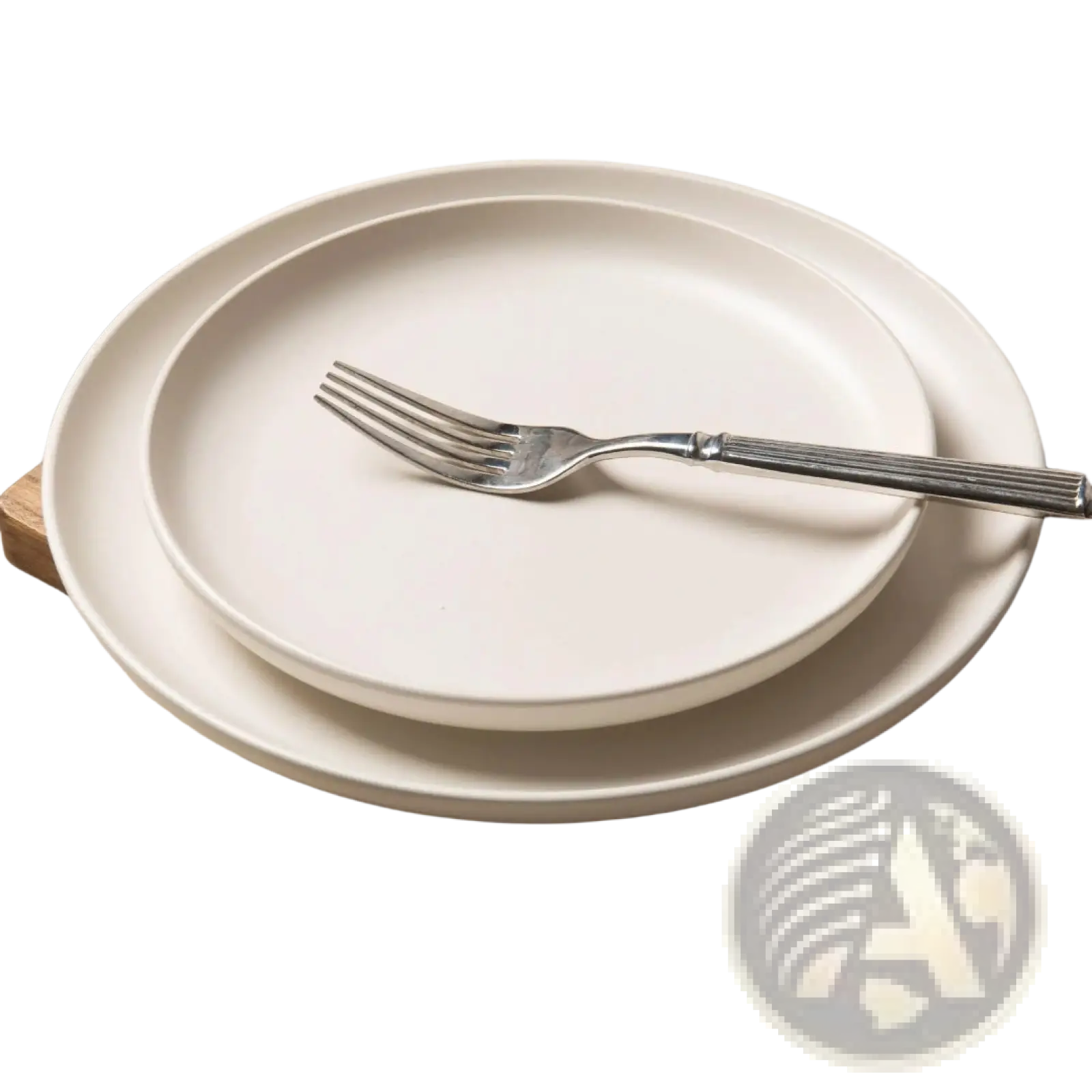 Cream-colored ceramic dinner plates with a smooth matte finish and subtle rim detail from a 12 piece stoneware set with mugs