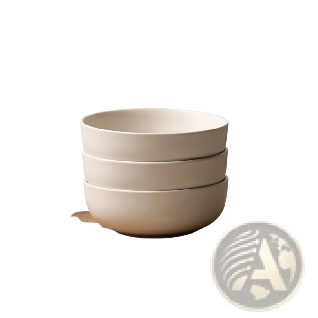 Stack of three off-white ceramic bowls with smooth rounded edges from a 12 piece stoneware dinnerware set with mugs for 3
