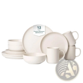 Cream-colored minimalist 12-piece stoneware dinnerware set with mugs designed for three people