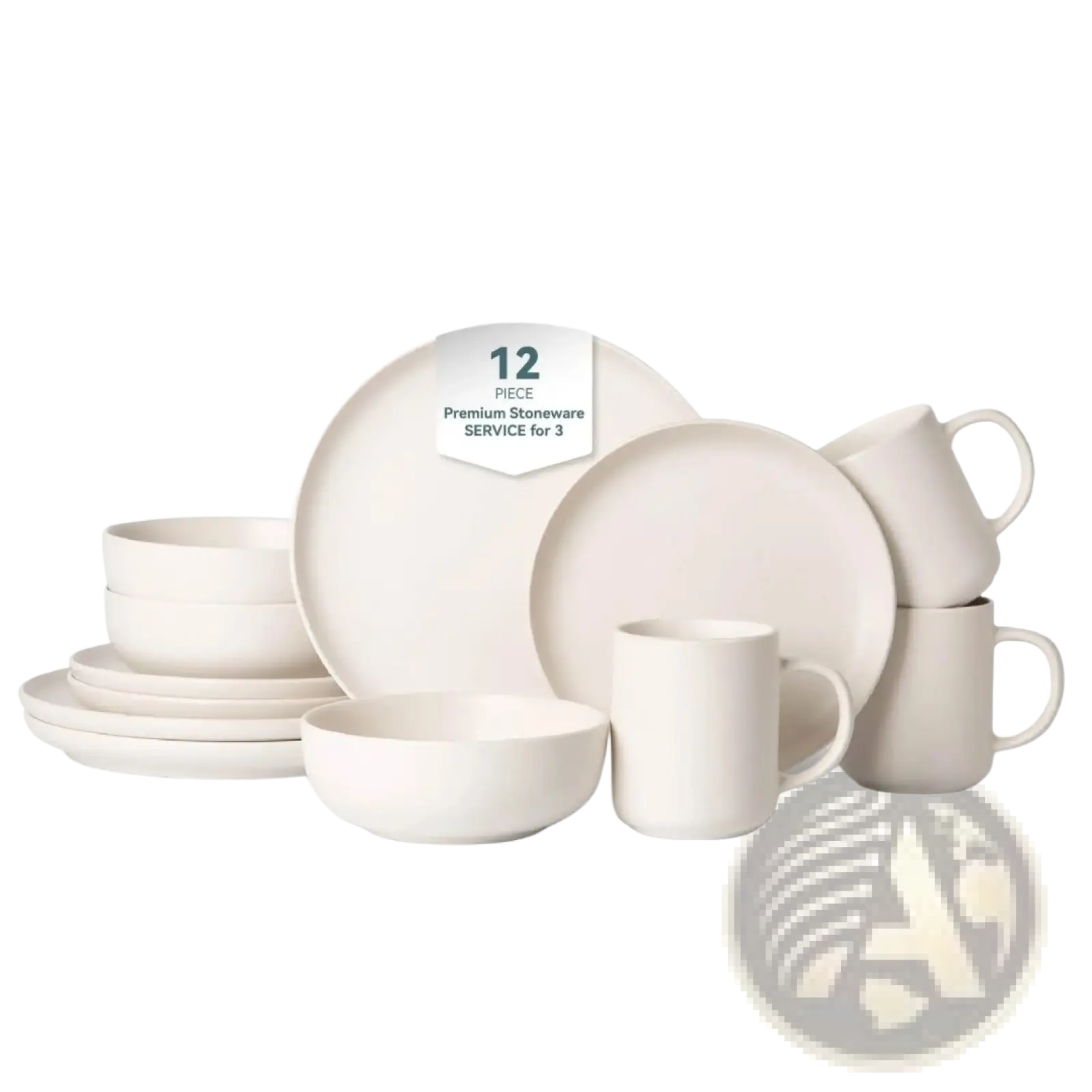 Cream-colored minimalist 12-piece stoneware dinnerware set with mugs designed for three people