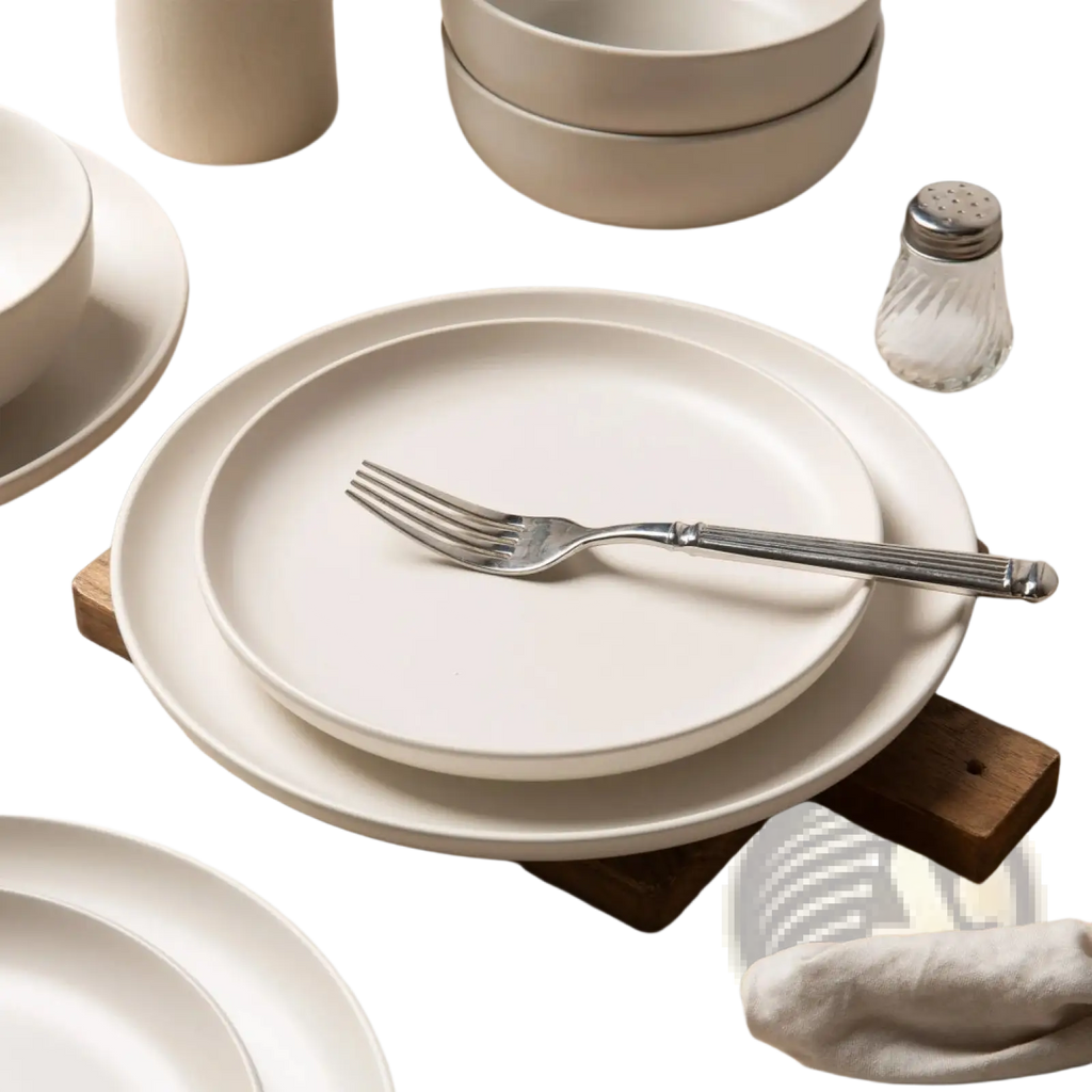 Cream-colored 12 piece stoneware dinnerware set with matte finish stacked plates and silver fork for three users