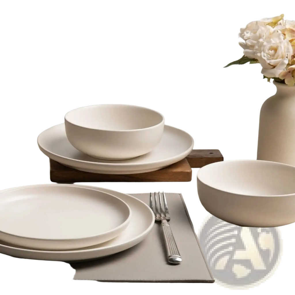 Minimalist white ceramic 12 piece stoneware dinnerware set with smooth rounded edges and matte finish for three